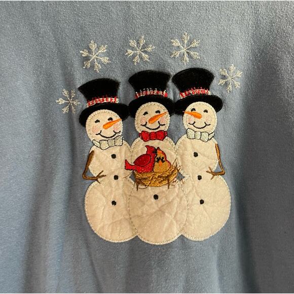 90s Y2k Snowman Cardinal Sweatshirt Cottagecore Blue Pullover Grannycore Sz L - Picture 2 of 5